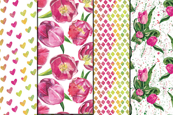 Watercolor Pink tulips patterns in Patterns - product preview 2