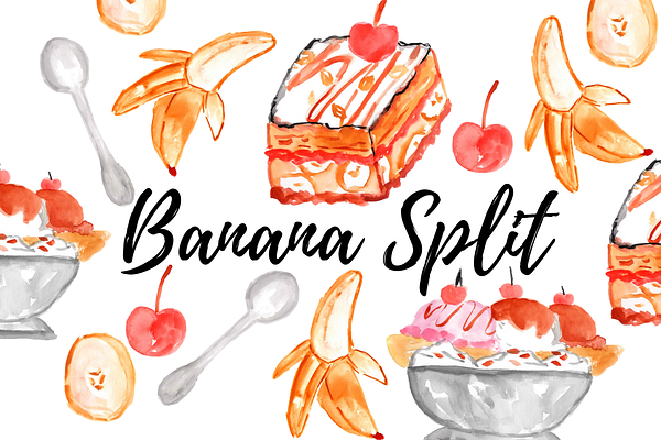 Watercolor Banana Split Clipart