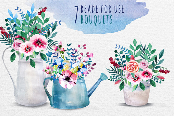 Watercolour bouquets in the pots in Illustrations - product preview 4
