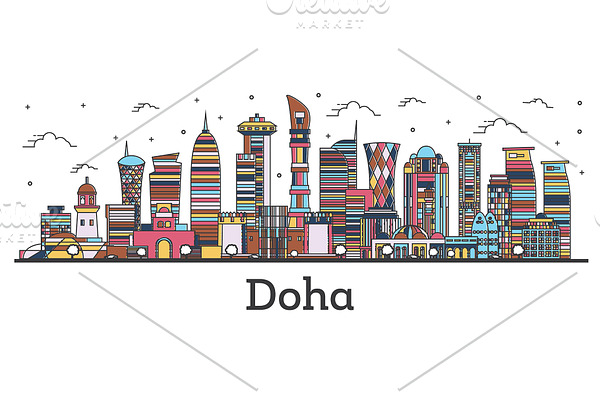 Outline Doha Qatar City Skyline