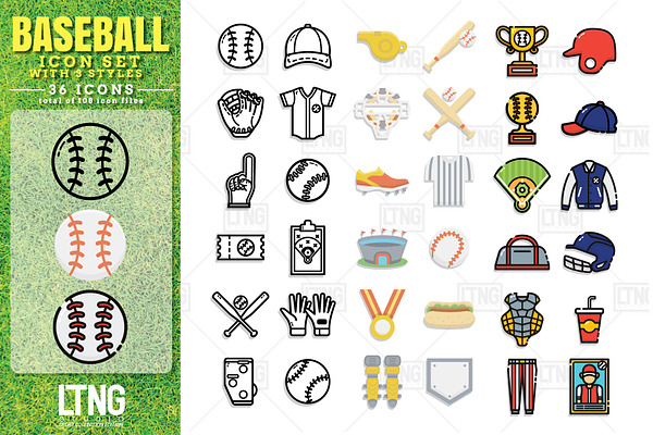 Baseball icon set with 3 styles