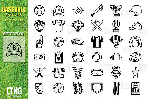 Baseball icon set with 3 styles in Cute Icons - product preview 1