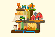 Farm life, village with farm buildin