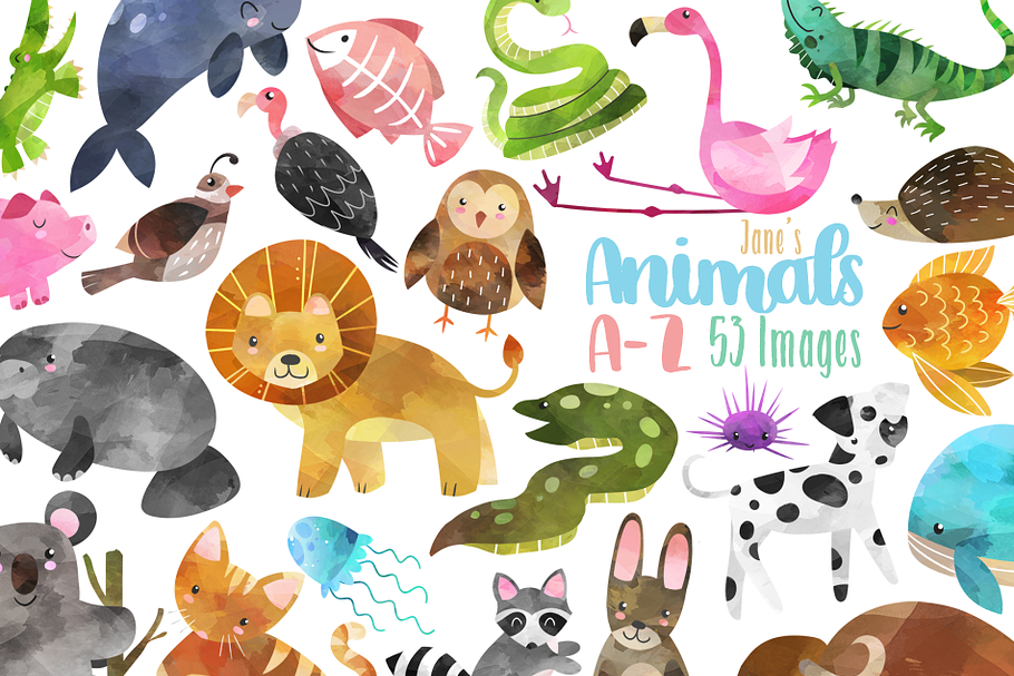 Watercolor Animal Alphabet Clipart