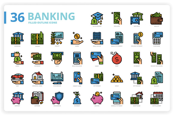36 Banking Icons x 3 Styles in Icons - product preview 2
