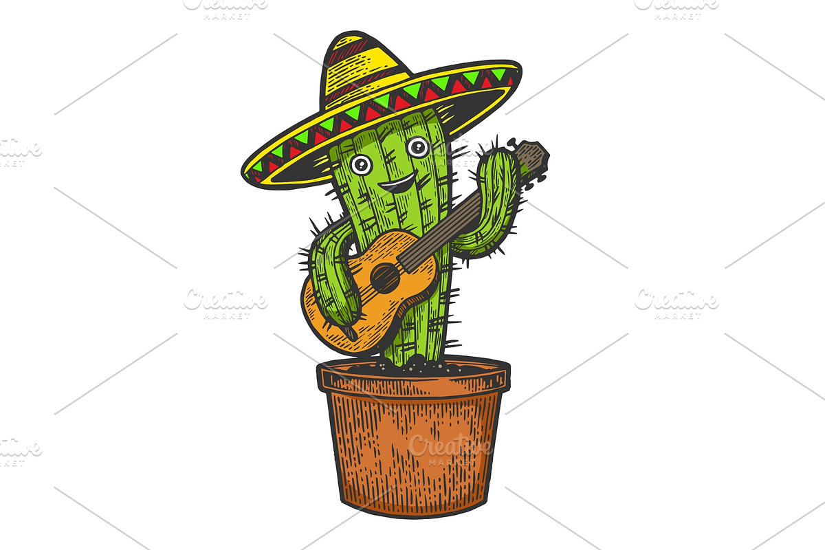 Cactus guitar and sombrero sketch in Illustrations - product preview 8