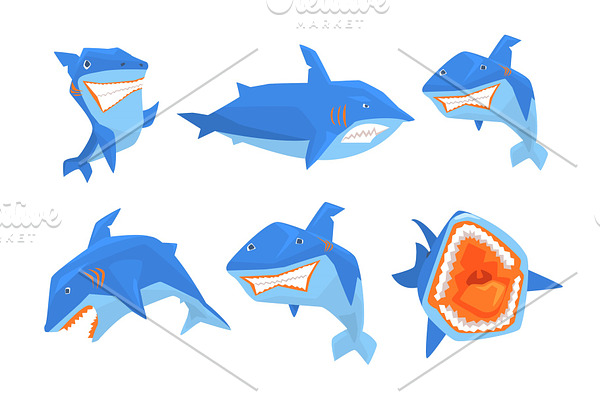 Flat vector set of big blue shark