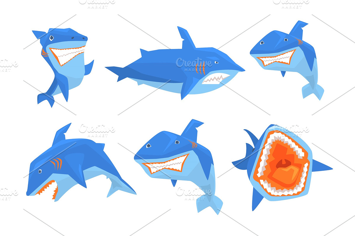 Flat vector set of big blue shark in Illustrations - product preview 8