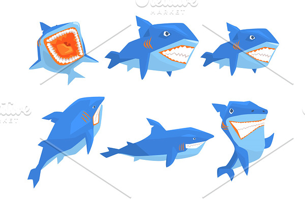 Flat vector set of blue shark in