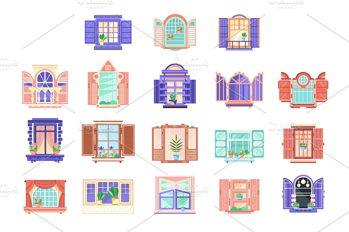 Flat vector set of wooden window in Objects - product preview 8