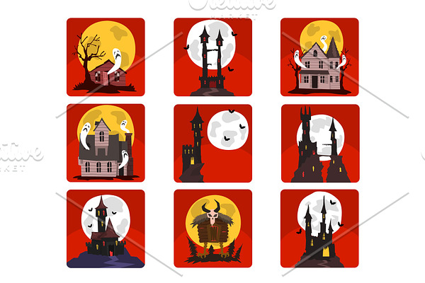Flat vector set of scary castles