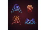 Virtual reality neon light icons set