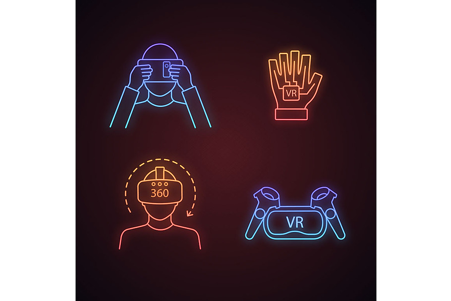Virtual reality neon light icons set in Neon Icons - product preview 8