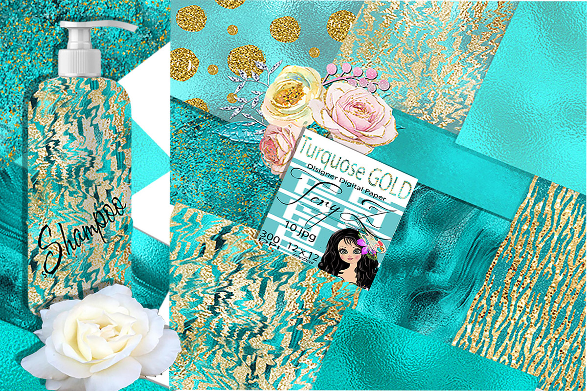 Turquoise Gold Glitter Foil Paper in Textures - product preview 8
