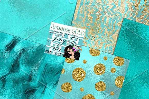 Turquoise Gold Glitter Foil Paper in Textures - product preview 2