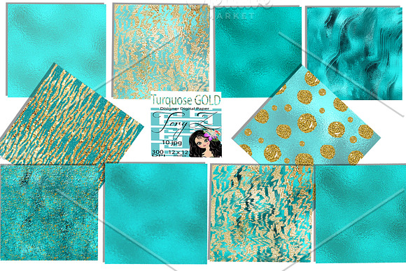 Turquoise Gold Glitter Foil Paper in Textures - product preview 3