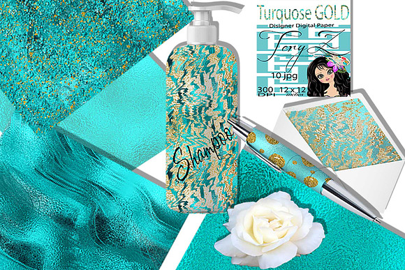 Turquoise Gold Glitter Foil Paper in Textures - product preview 4