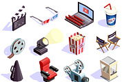 Cinema isometric icons set