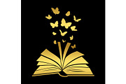 Open textbook with gold butterfly