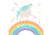 Unicorn with flowers and rainbow