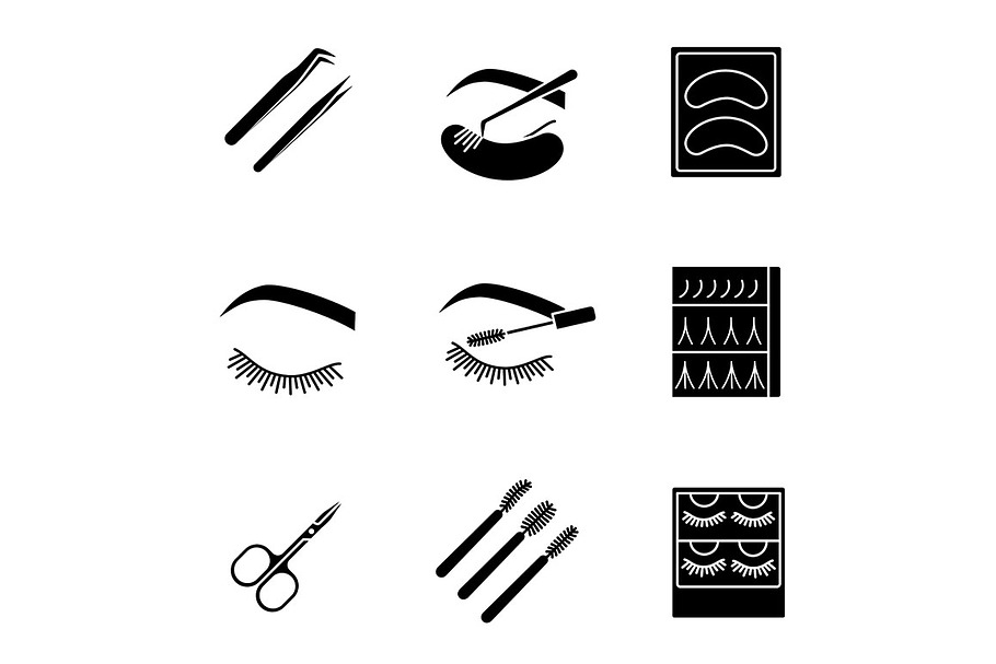 Eyelash extension glyph icons set