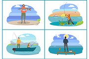 Fisherman Seashores People Set