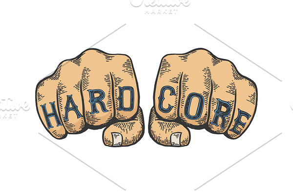 Hard core words fist tattoo sketch