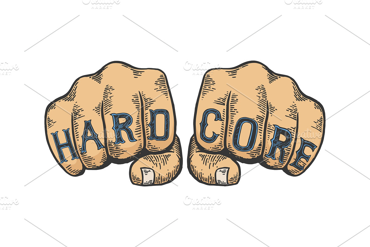 Hard core words fist tattoo sketch in Illustrations - product preview 8