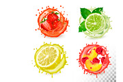 Set of fruit in juice splash. Vector