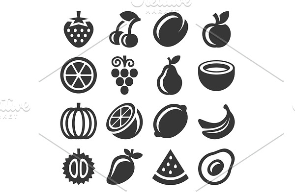 Fruits Icons Set on White Background