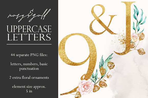 Gold monogram letters with roses in Objects - product preview 1