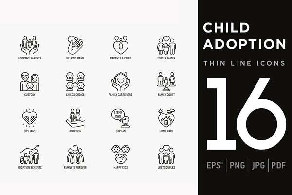 Child Adoption | 16 Thin Line Icons