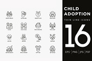 Child Adoption | 16 Thin Line Icons