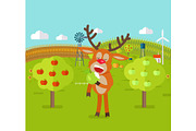 Deer in Garden Eats Apple. Cute