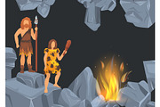 Caveman and woman in prehistoric