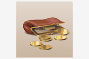 Wallet with realistic coins vector
