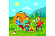 Camping, Campfire and Tent, Friends