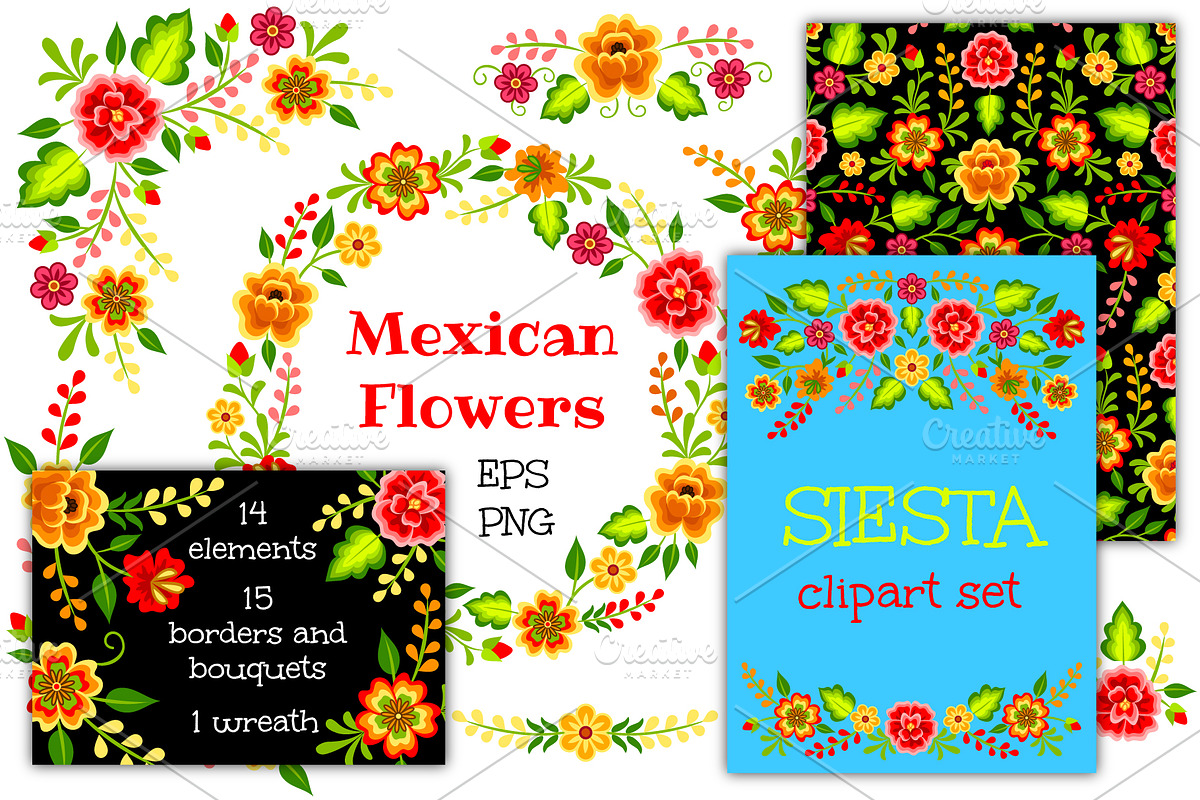Mexican Flowers (EPS, PNG, JPG) in Illustrations - product preview 8