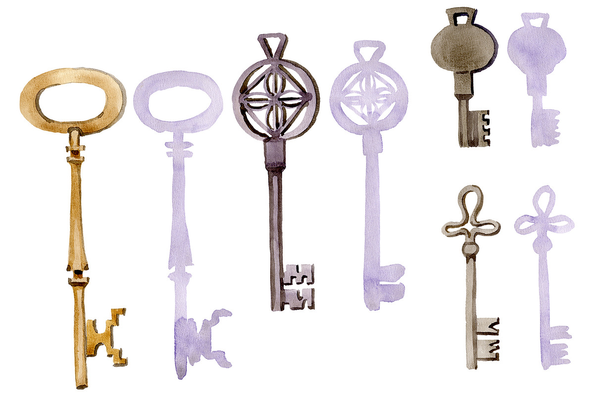 Vintage key magic watercolor png in Illustrations - product preview 8