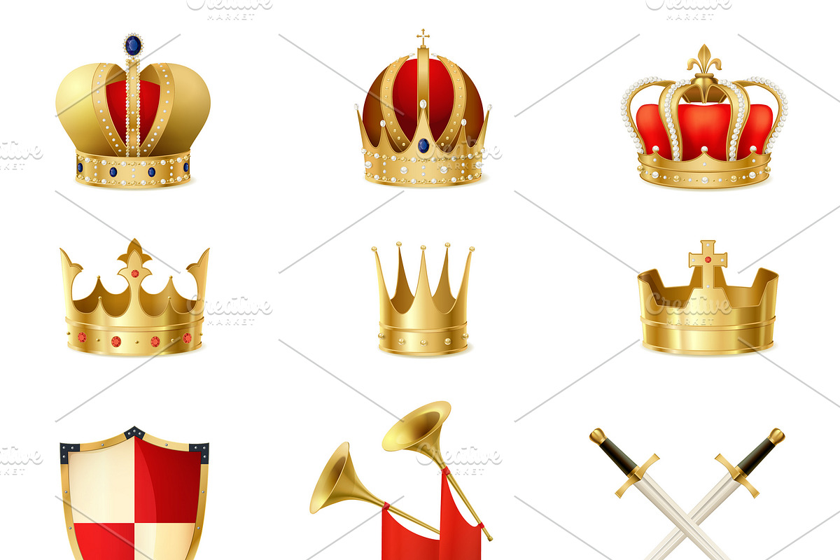 Set of realistic golden royal crowns in Icons - product preview 8