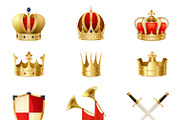 Set of realistic golden royal crowns