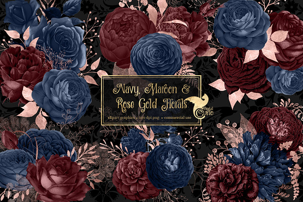 Navy Maroon & Rose Gold Florals