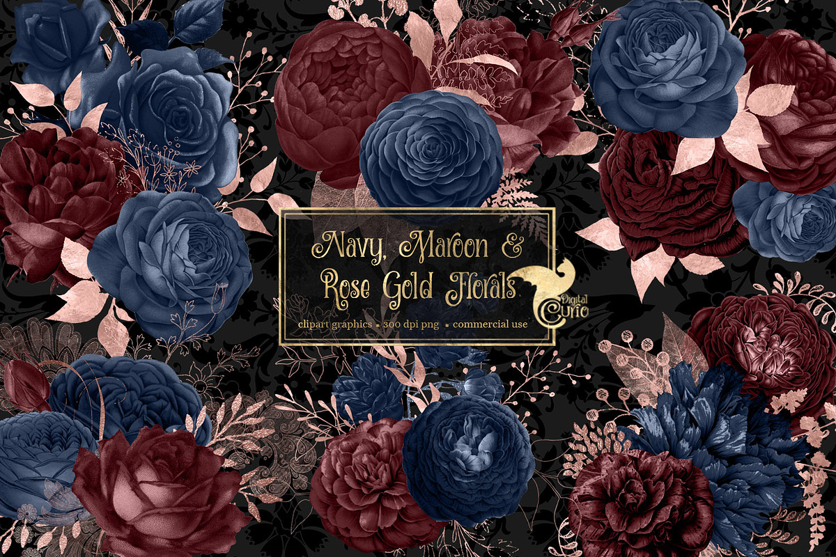 Navy Maroon & Rose Gold Florals in Illustrations - product preview 8