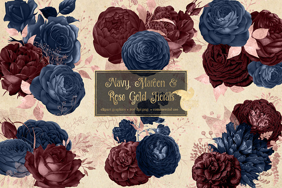 Navy Maroon & Rose Gold Florals in Illustrations - product preview 1
