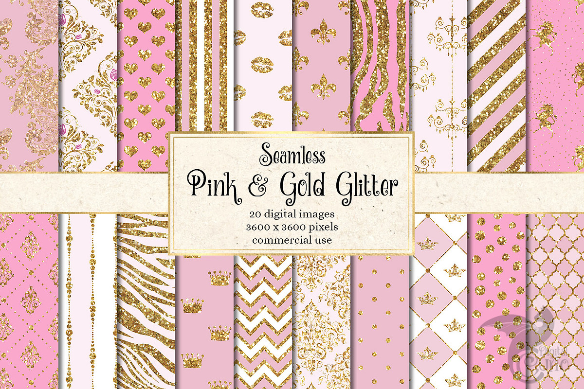 Pink & Gold Glitter Digital Paper in Patterns - product preview 8