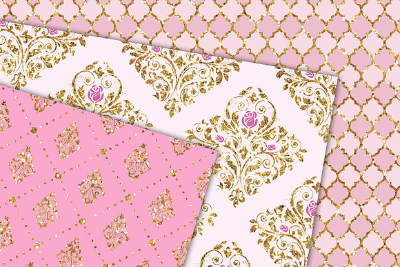 Pink & Gold Glitter Digital Paper in Patterns - product preview 1