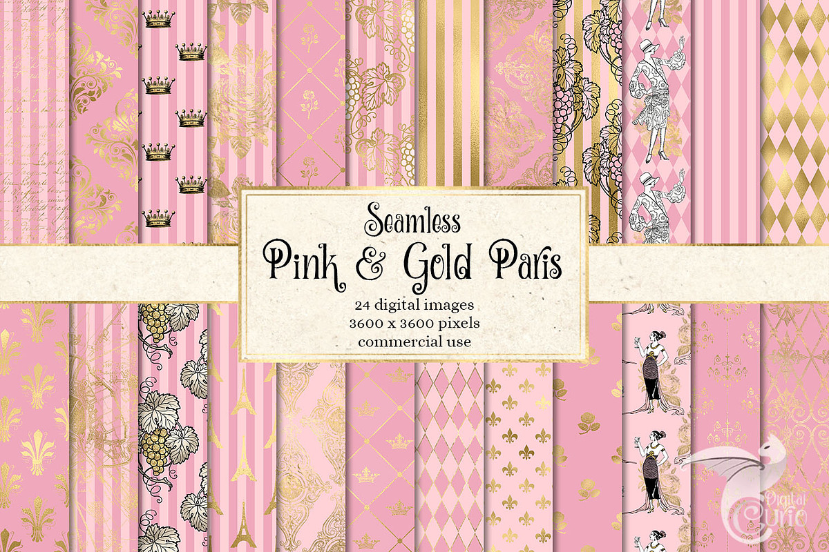 Pink and Gold Paris Digital Paper in Patterns - product preview 8