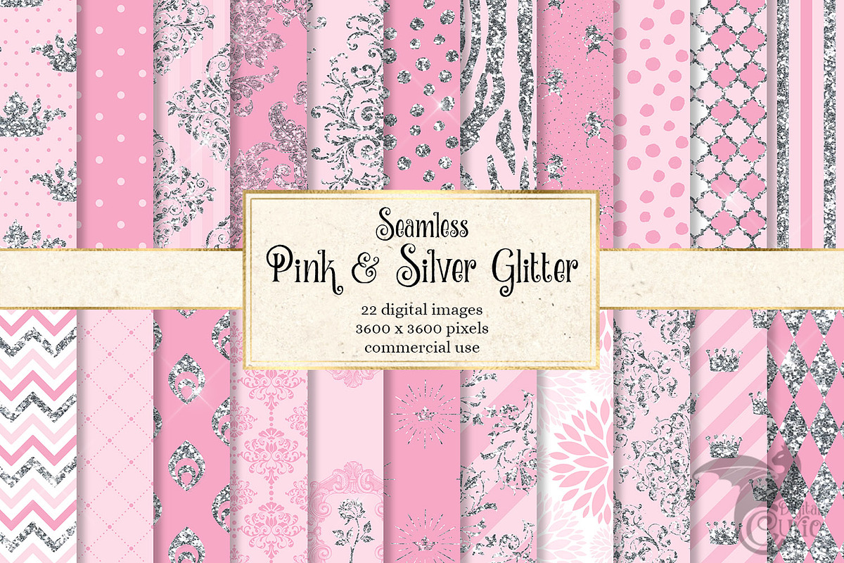 Pink & Silver Glitter Digital Paper in Patterns - product preview 8