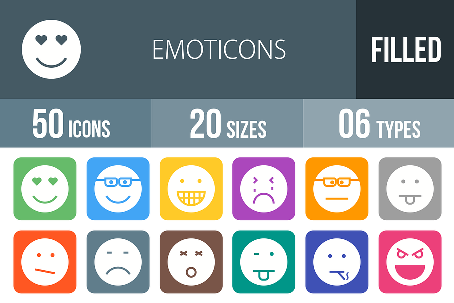 50 Emoticons Flat Round Corner Icons