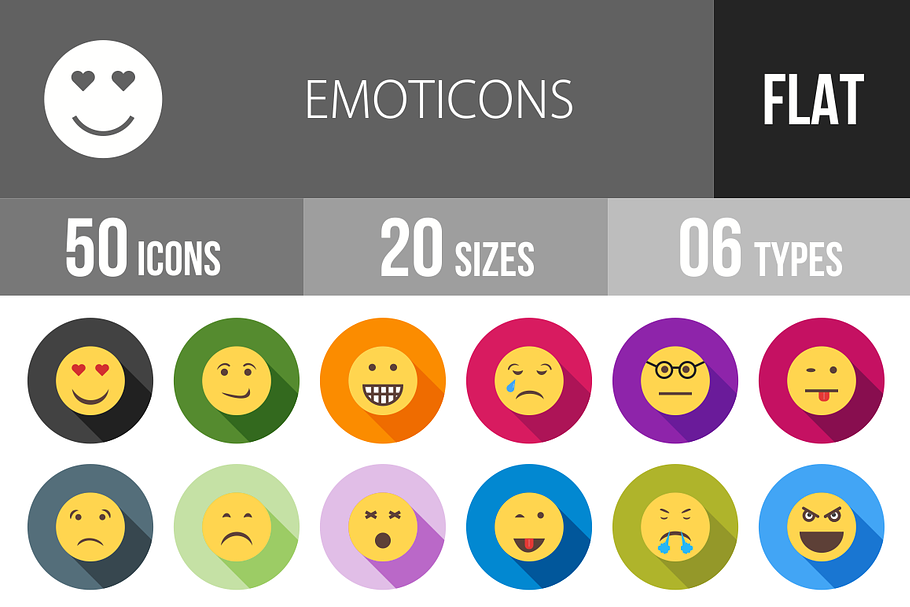 50 Emoticons Flat Shadowed Icons